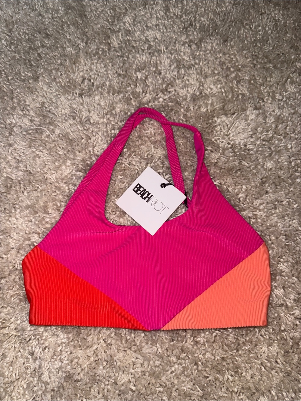 Beach Riot Pink Red Coral Colorblock Ribbed Halter Bikini Top